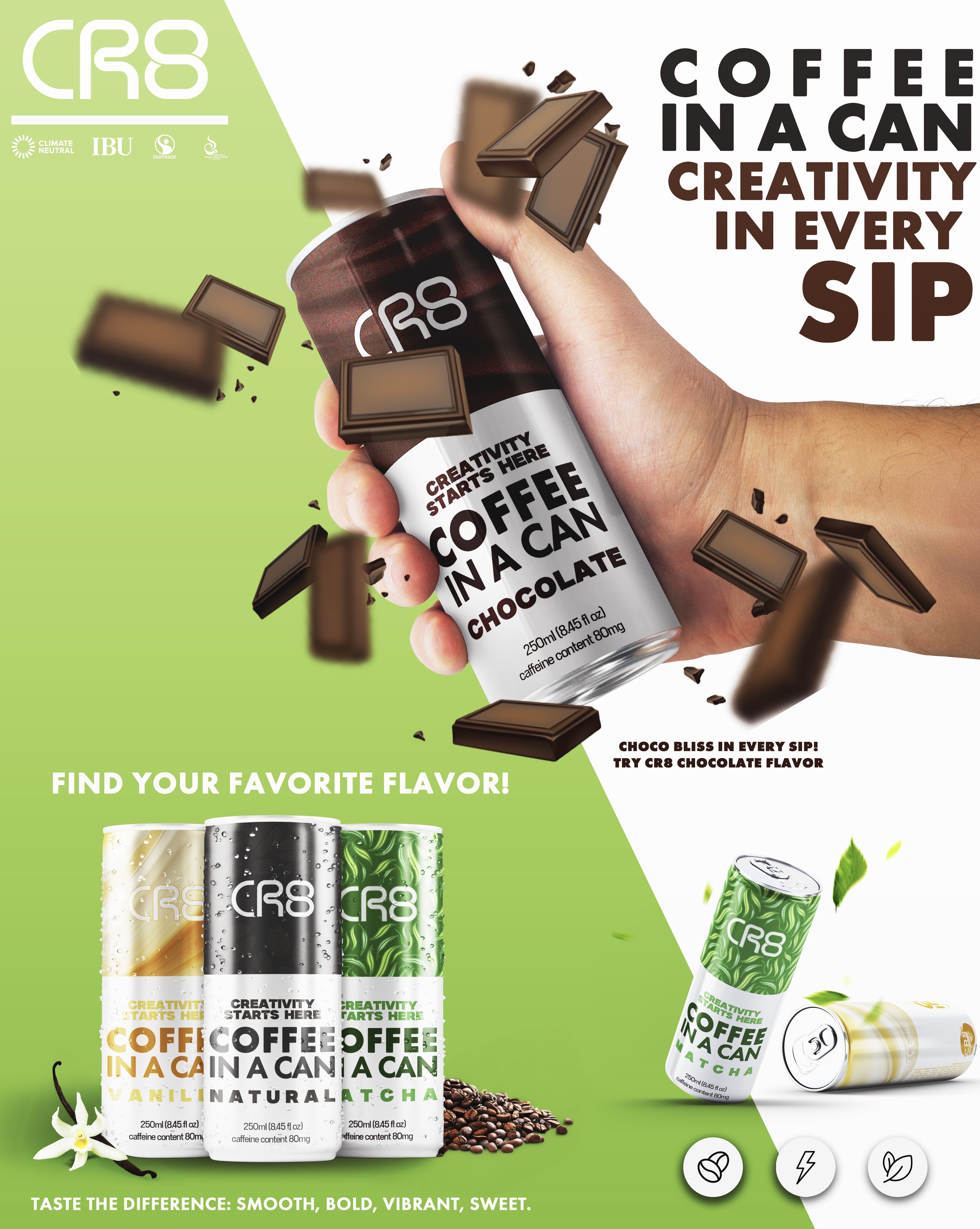 branding and advertisement project created to promote CR8 Coffee in a Can